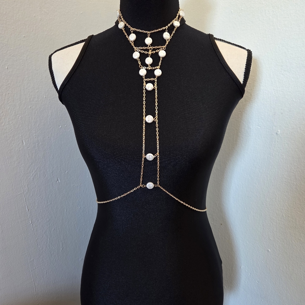 Gold and Pearl Multi-Layer Body Chain Necklace